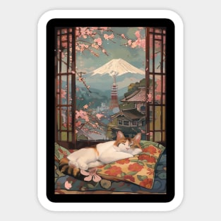 Cat Sleeping Ukiyo-e Mount Fuji Sticker